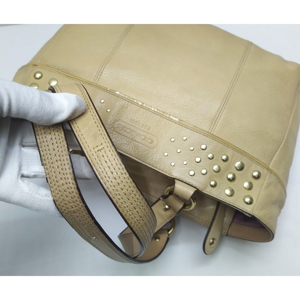 Coach Tan Leather Studded Double Handle Zipper Closure Tote Shoulder Bag - Picture 6 of 16
